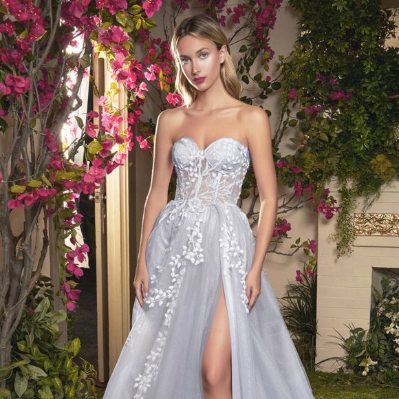 NEW HAZE-BLUE LONG OFF SHOULDER SLEEVELESS TULLE DRESS WITH ZIPPER BACK AL A1029